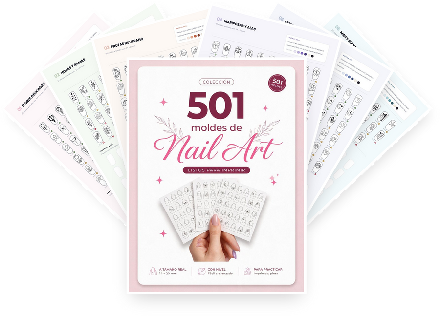 <em>501 moldes</em> de nail art para fabricar tus propias <em>calcomanías de gel</em>, hacer uñas increíbles y ganar más. Sé <em>la más buscada de tu zona</em>.